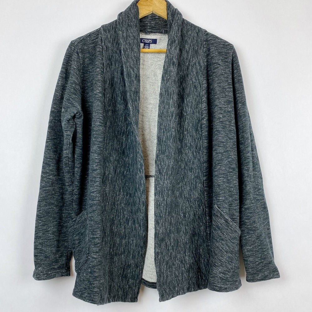 Chaps Open Front Cardigan Sweater Jacket Women's Large Heather Gray Pleated Back